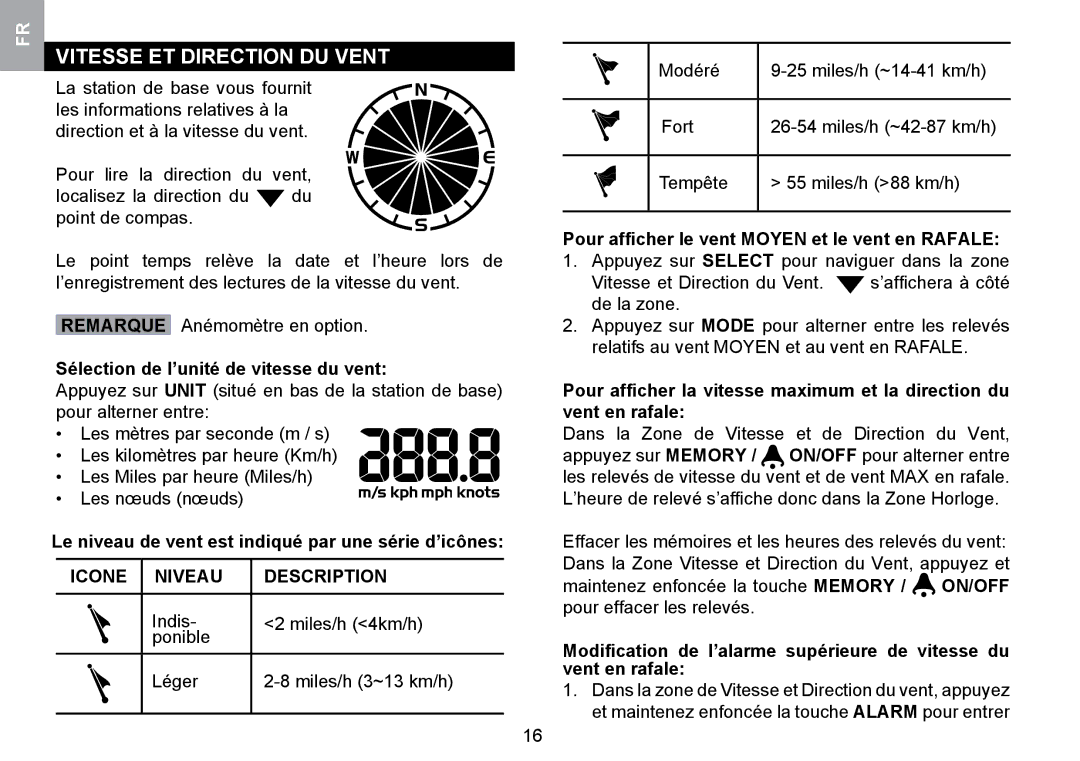 Oregon Scientific WMR100TH user manual FR Vitesse ET Direction DU Vent, Sélection de l’unité de vitesse du vent 