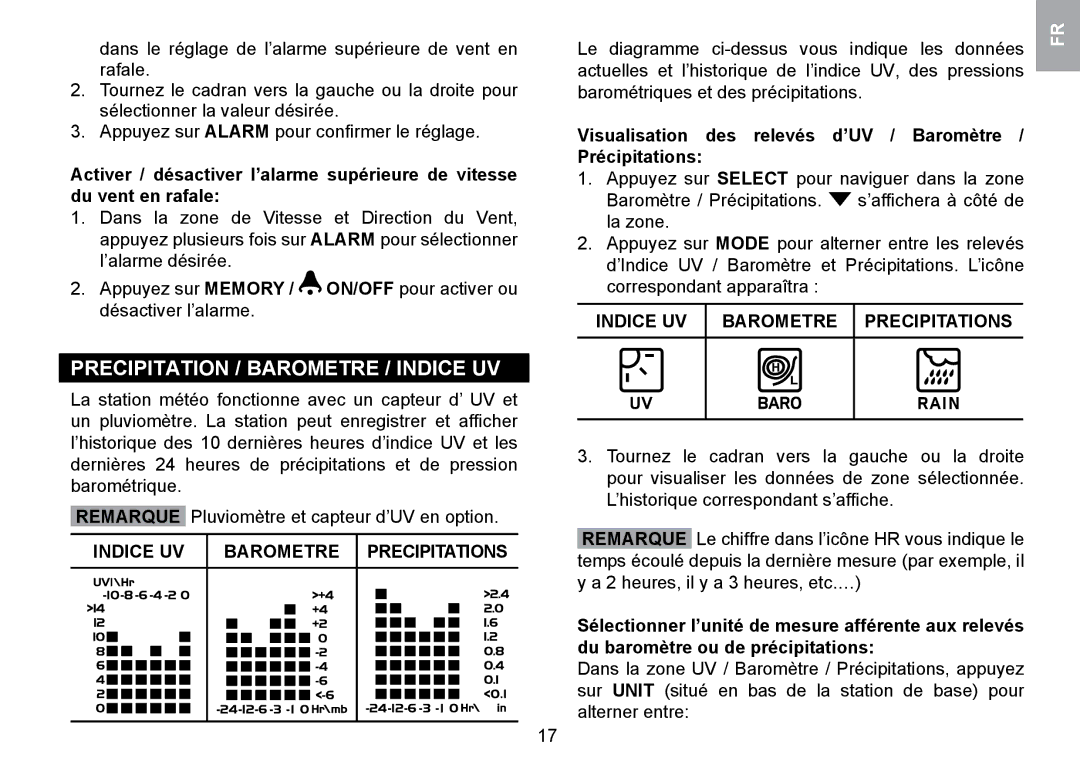 Oregon Scientific WMR100TH user manual Precipitation / Barometre / Indice UV, Indice UV Barometre Precipitations 