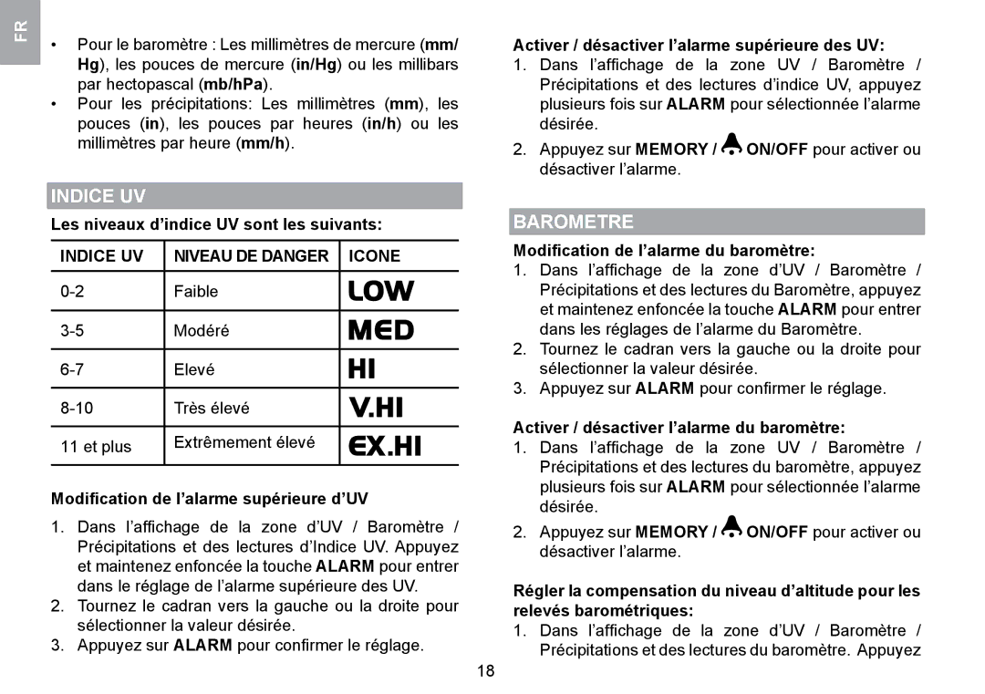 Oregon Scientific WMR100TH user manual Barometre, Indice UV Niveau DE Danger Icone 