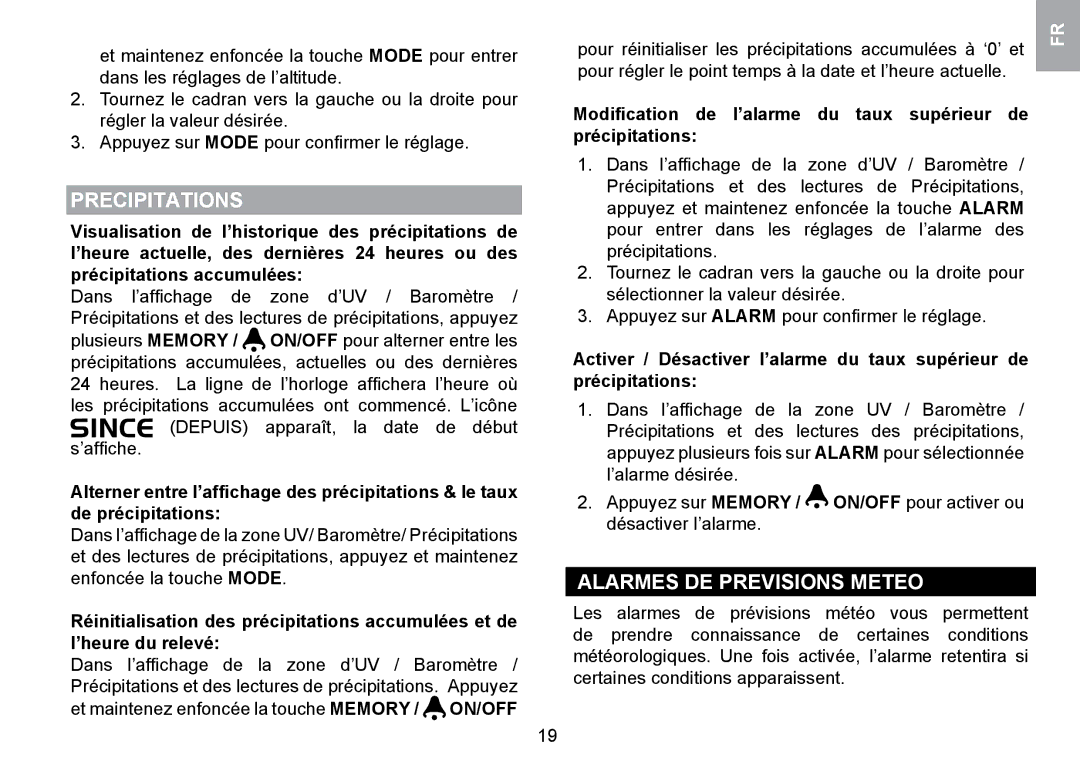 Oregon Scientific WMR100TH user manual Precipitations, Alarmes DE Previsions Meteo 