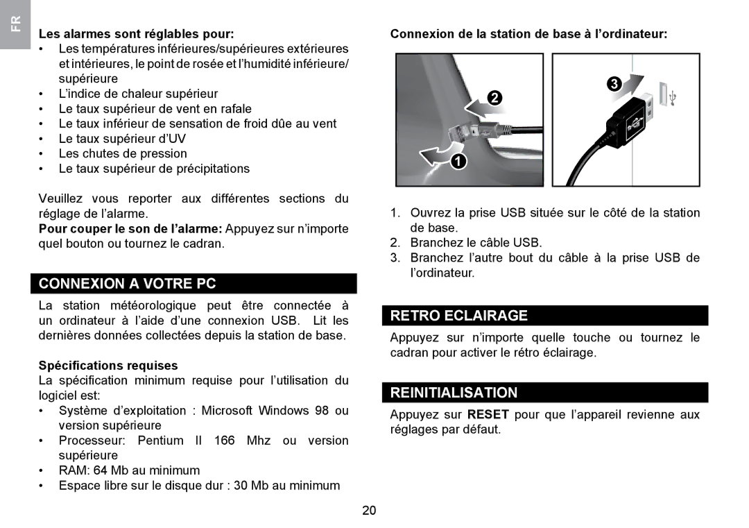 Oregon Scientific WMR100TH user manual Connexion a Votre PC, Retro Eclairage, Reinitialisation 