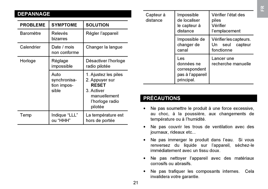 Oregon Scientific WMR100TH user manual Depannage, Précautions, Probleme Symptome Solution 