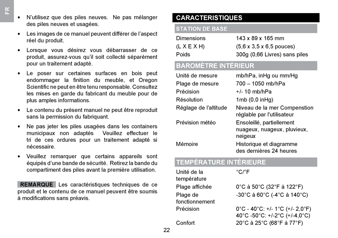 Oregon Scientific WMR100TH user manual Caracteristiques, Baromètre Intérieur, Température Intérieure 