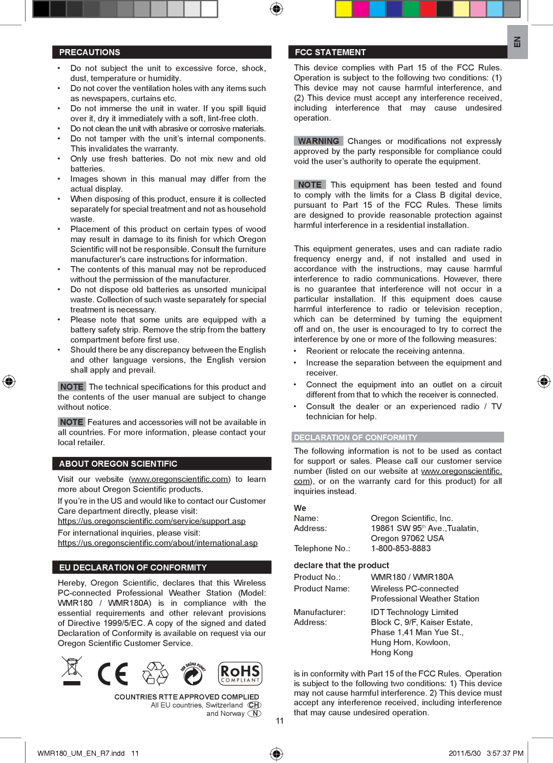 Oregon Scientific WMR180A user manual Precautions, About Oregon Scientific EU declaration of conformity, FCC statement 