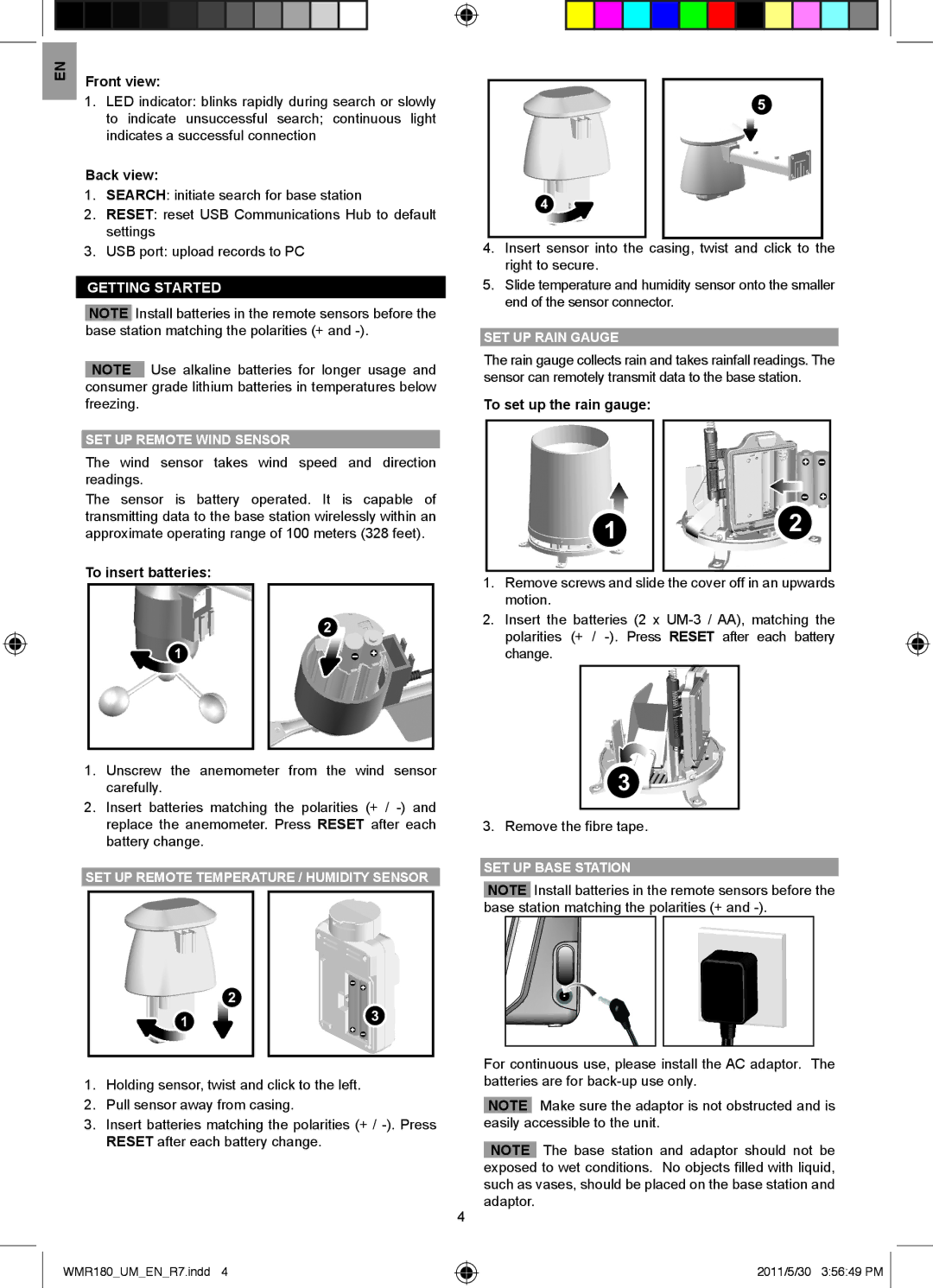 Oregon Scientific WMR180A Getting started Set up remote wind sensor, Set up remote temperature / humiditY sensor 