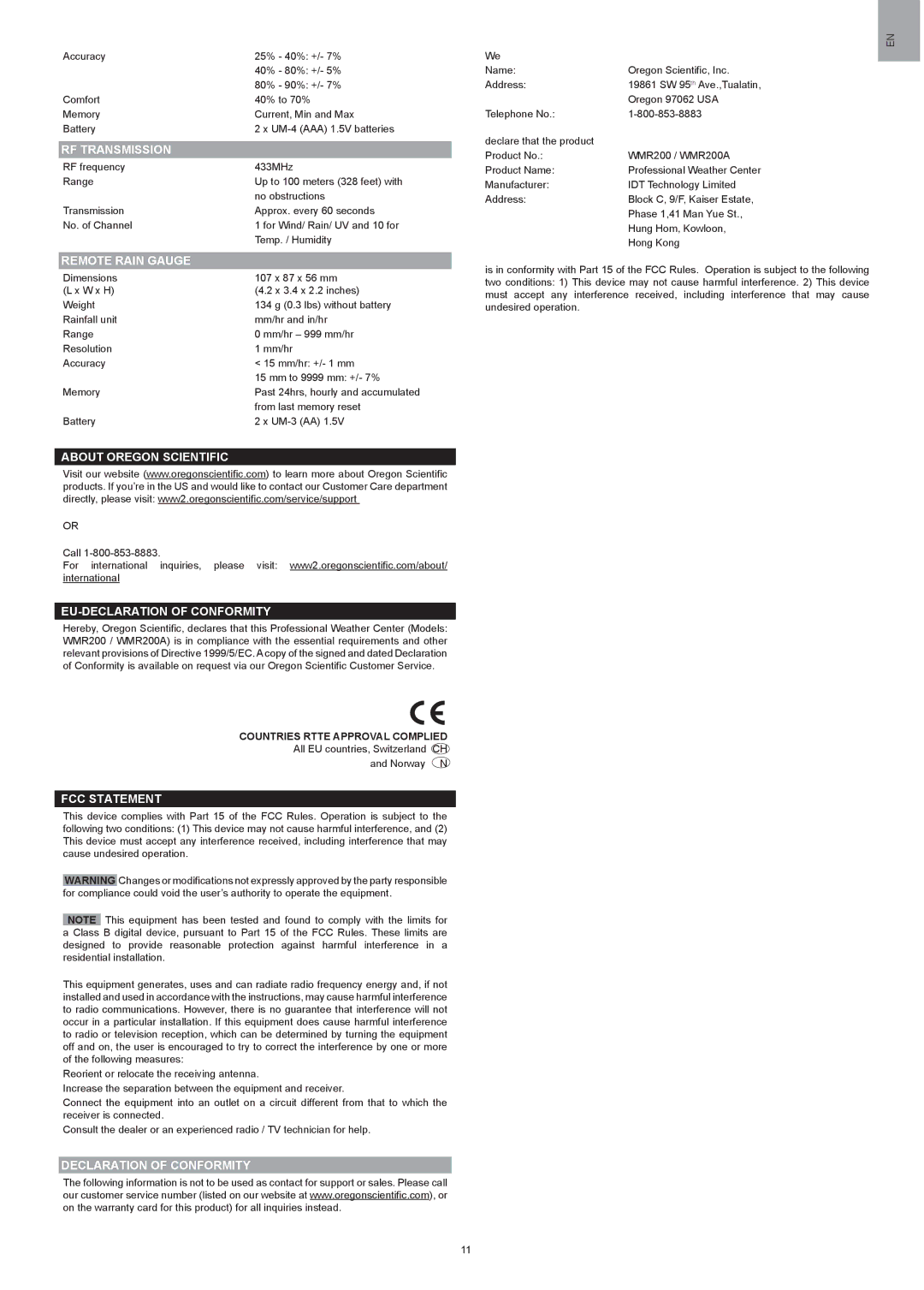 Oregon Scientific WMR200A RF Transmission, Remote Rain Gauge, About Oregon Scientific, EU-DECLARATION of Conformity 