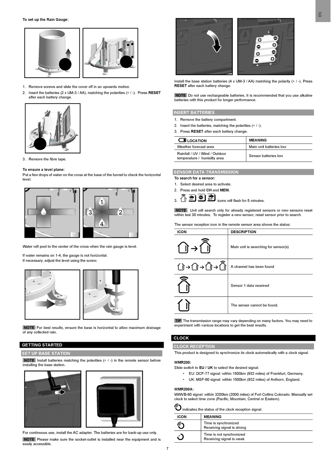 Oregon Scientific WMR200A user manual Getting Started SET UP Base Station, Insert Batteries, Sensor Data Transmission 