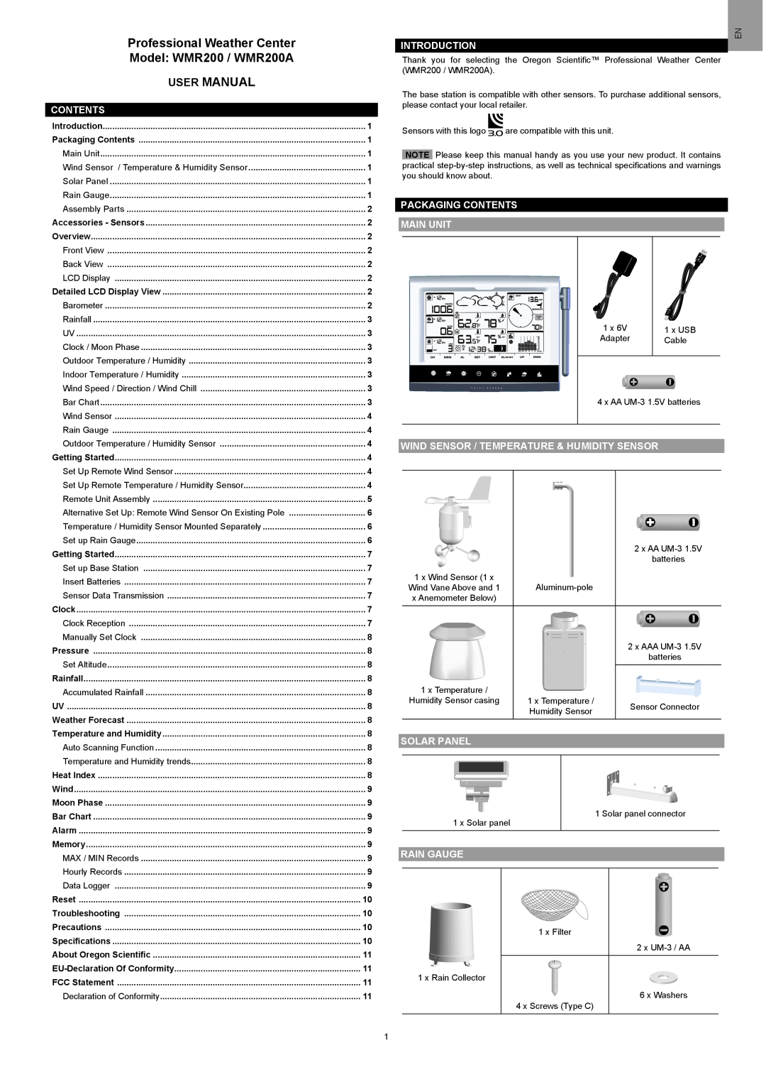 Oregon Scientific WMR200A user manual Introduction, Packaging Contents Main Unit, Solar Panel, Rain Gauge 