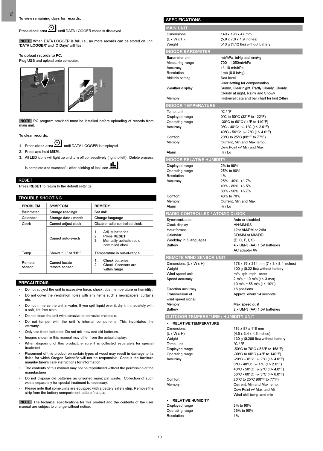 Oregon Scientific WMR200A user manual Reset, Trouble Shooting, Precautions, Specifications Main Unit, Indoor Barometer 