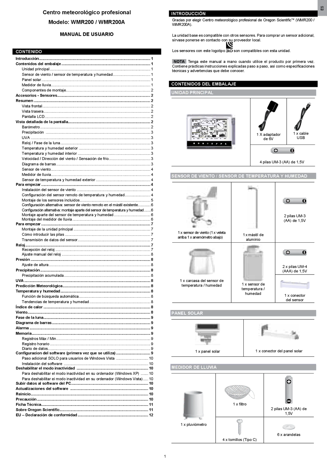 Oregon Scientific WMR200 manual Introducción, Contenidos DEL Embalaje Unidad Principal, Panel Solar, Medidor DE Lluvia 