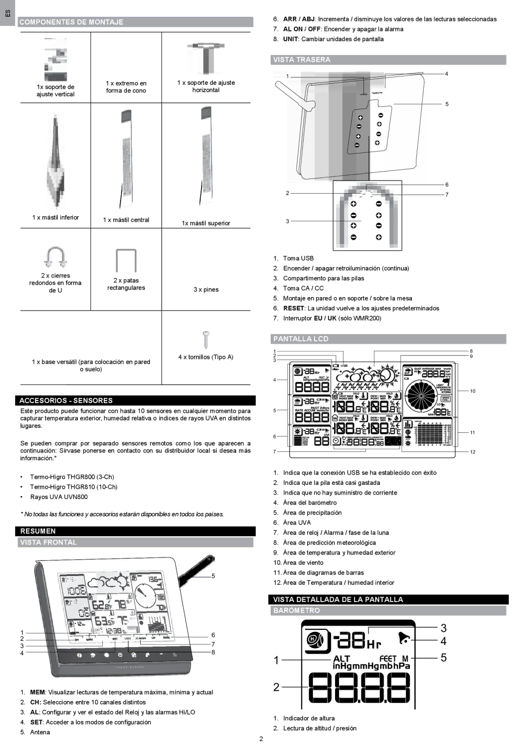 Oregon Scientific WMR200 Componentes DE Montaje, Vista Trasera, Pantalla LCD, Accesorios Sensores, Resumen Vista Frontal 