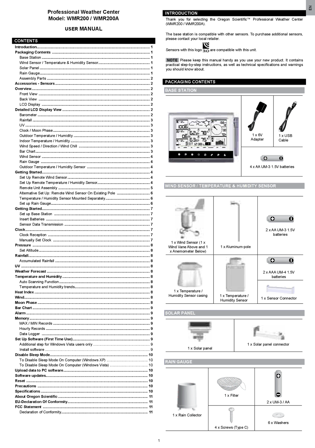 Oregon Scientific WMR200 Introduction, Packaging Contents Base Station, Wind Sensor / Temperature & Humidity Sensor 