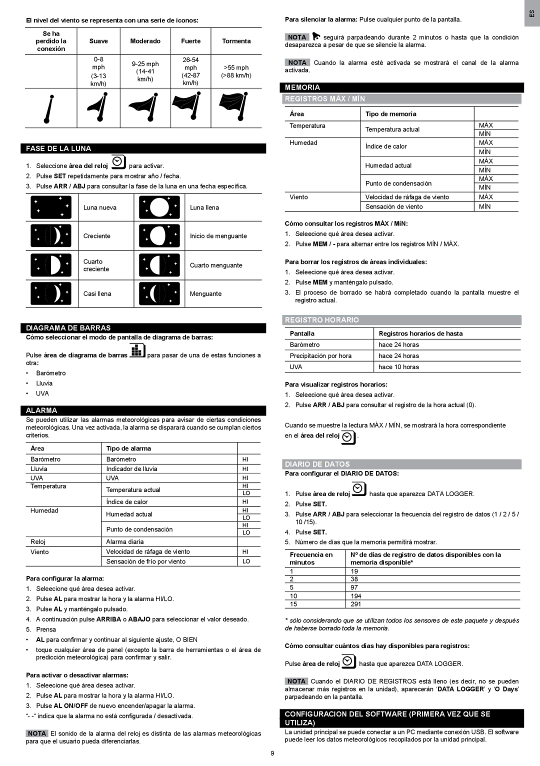 Oregon Scientific WMR200 manual Fase DE LA Luna, Alarma, Memoria Registros MÁX / MÍN, Registro Horario, Diario DE Datos 