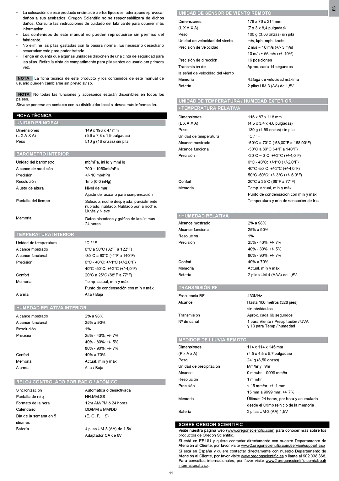 Oregon Scientific WMR200 manual Ficha Técnica Unidad Principal, Barómetro Interior, Temperatura Interior, Humedad Relativa 