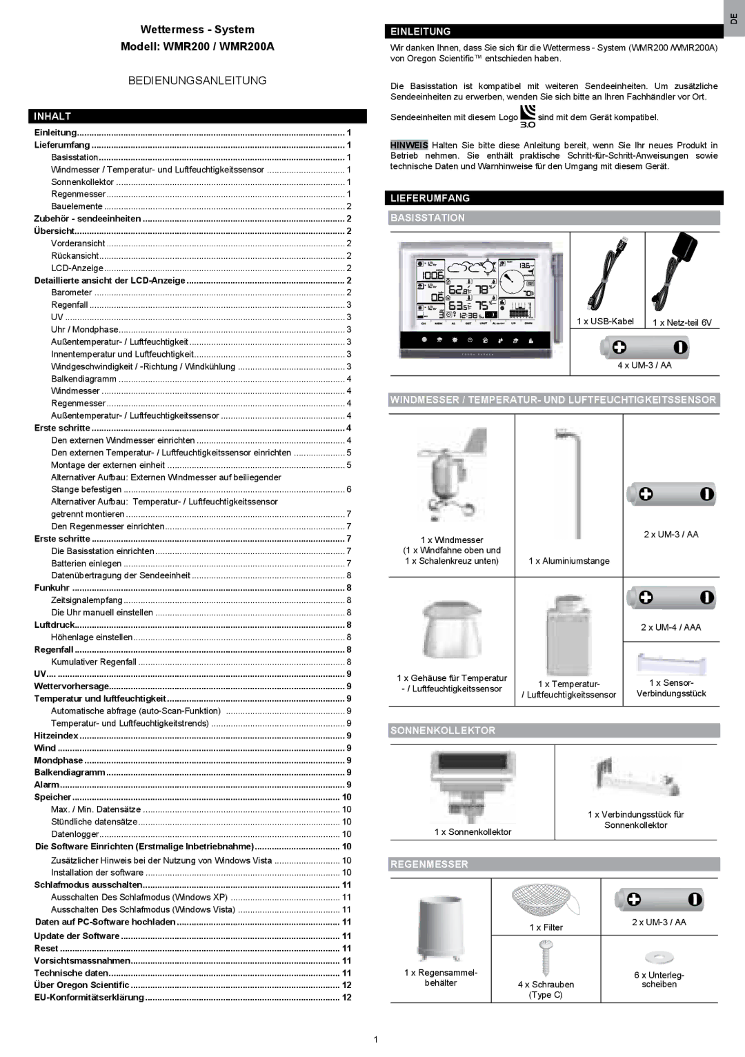 Oregon Scientific WMR200 manual Inhalt, Einleitung, Lieferumfang Basisstation, Sonnenkollektor, Regenmesser 