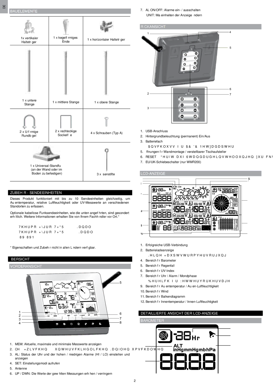 Oregon Scientific WMR200 manual Bauelemente, Zubehör Sendeeinheiten, Übersicht Vorderansicht, Rückansicht, Lcd-Anzeige 