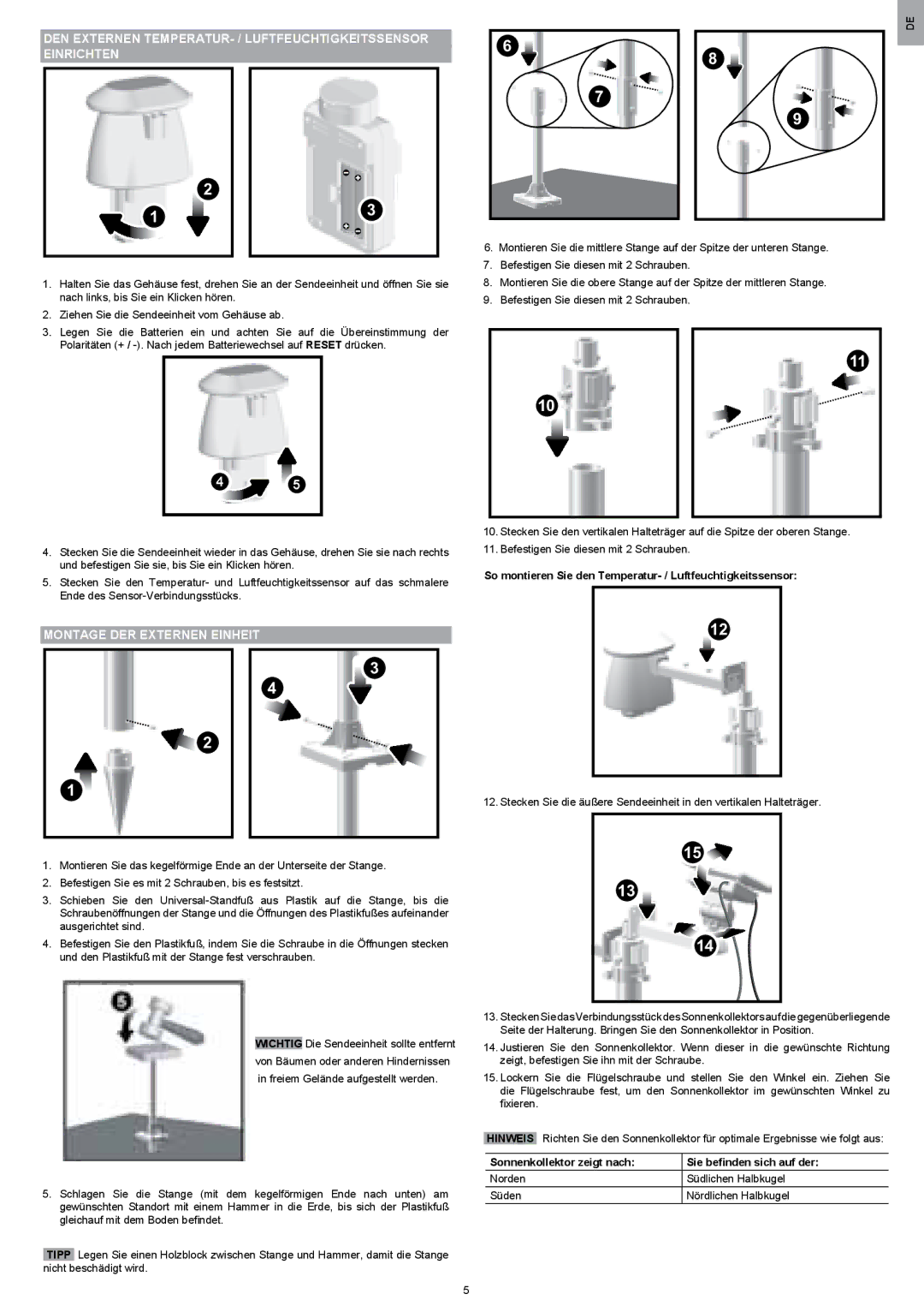 Oregon Scientific WMR200 manual Montage DER Externen Einheit, So montieren Sie den Temperatur- / Luftfeuchtigkeitssensor 