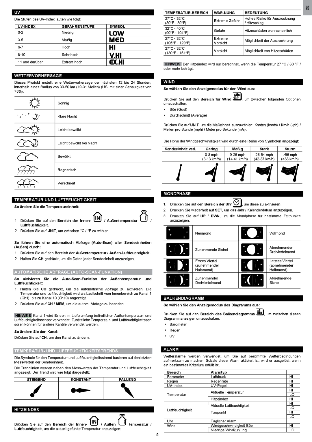 Oregon Scientific WMR200 manual Wettervorhersage, Temperatur UND Luftfeuchtigkeit, Automatische Abfrage AUTO-SCAN-FUNKTION 