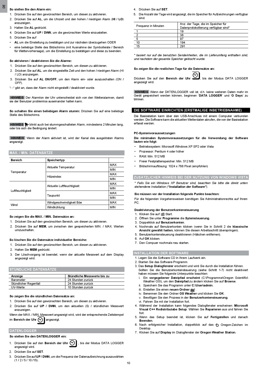 Oregon Scientific WMR200 manual MAX. / MIN. Datensätze, Stündliche Datensätze, Datenlogger, Installation DER Software 