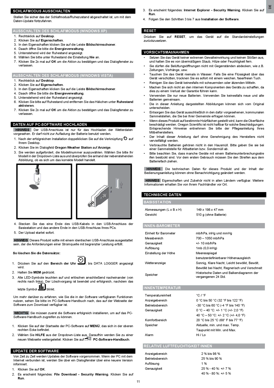 Oregon Scientific WMR200 Schlafmodus Ausschalten, Ausschalten DES Schlafmodus Windows XP, Daten AUF PC-SOFTWARE Hochladen 