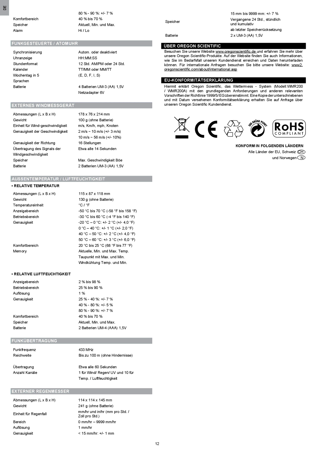 Oregon Scientific WMR200 manual Funkgesteuerte / Atomuhr, Externes Windmessgerät, Aussentemperatur / Luftfeuchtigkeit 