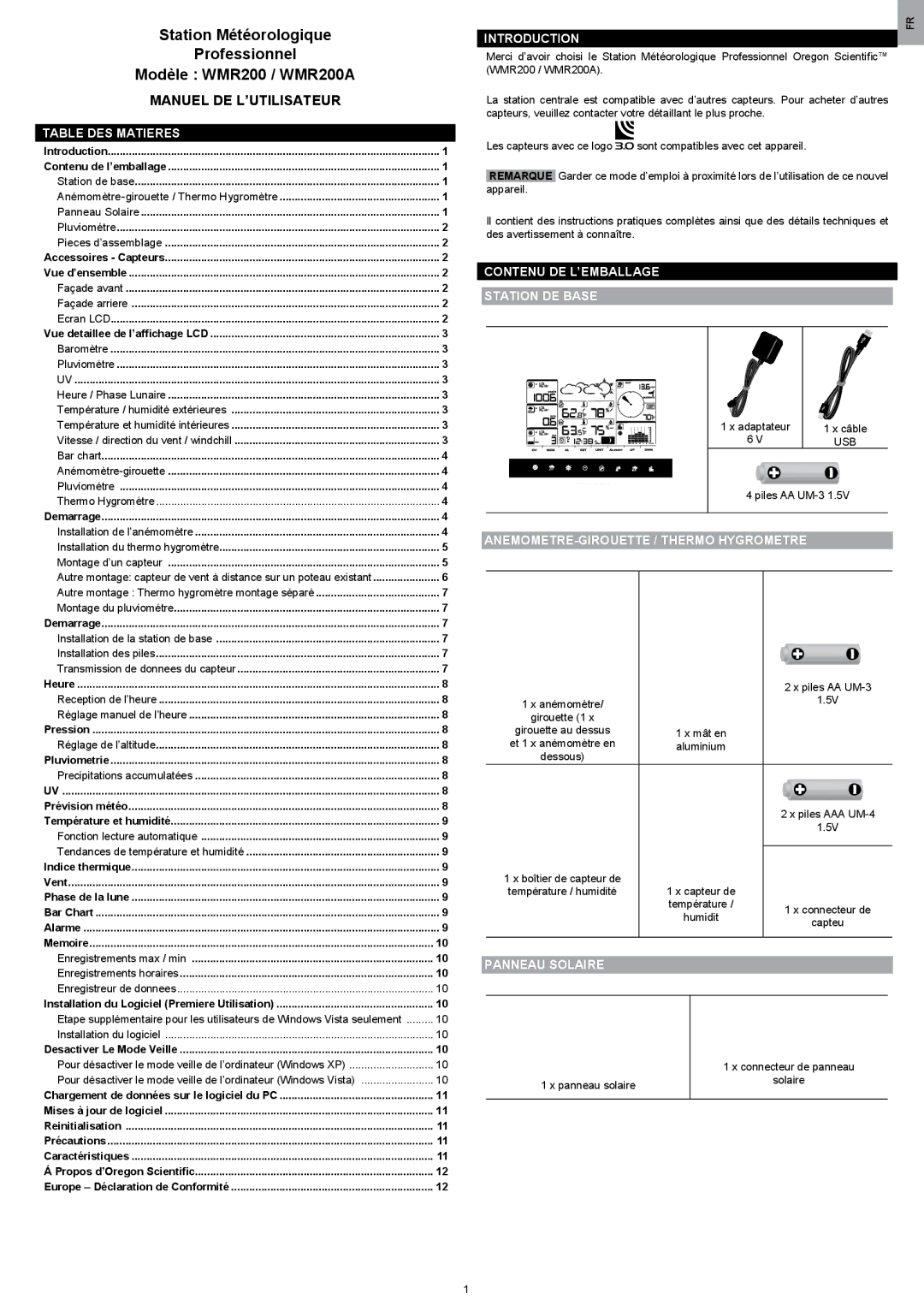 Oregon Scientific WMR200 manual Table DES Matieres, Contenu DE L’EMBALLAGE Station DE Base, Panneau Solaire 