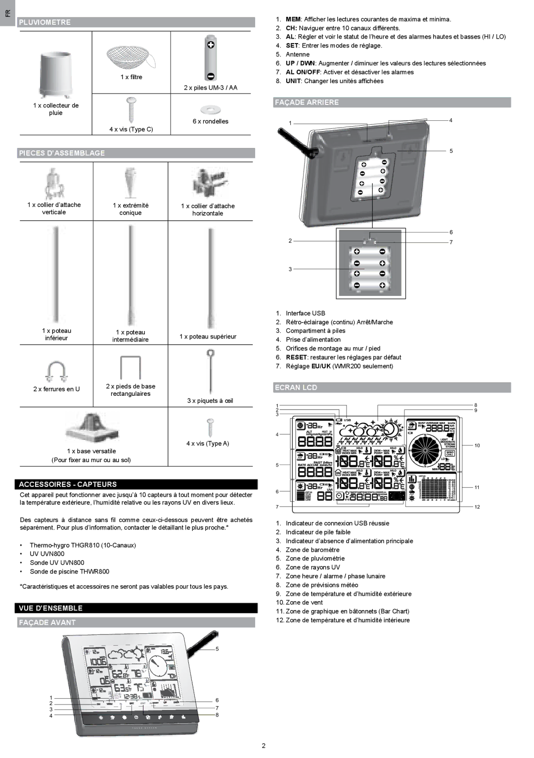 Oregon Scientific WMR200 manual Pluviometre, Pieces D’ASSEMBLAGE, Façade Arriere, Accessoires Capteurs, Ecran LCD 