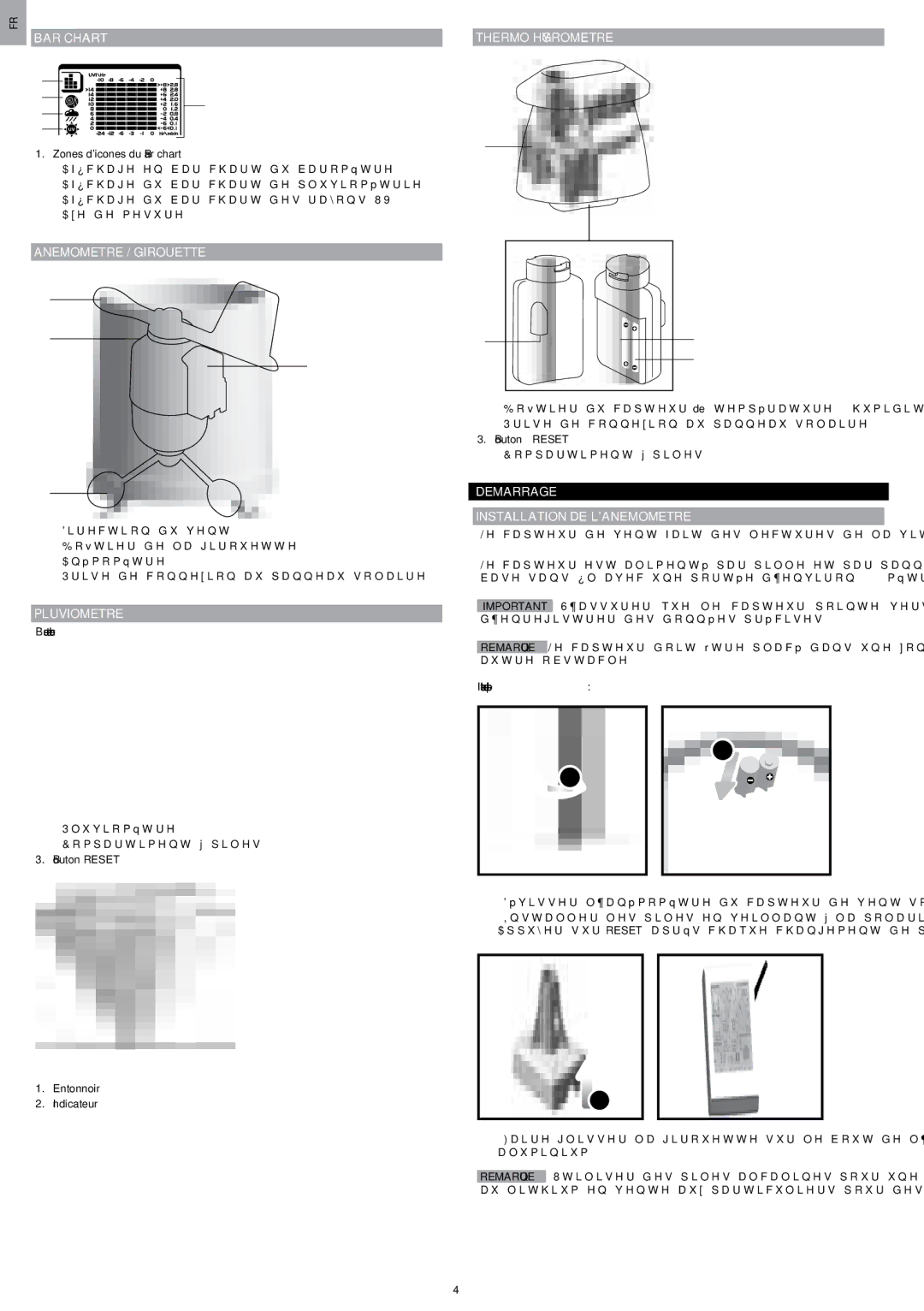 Oregon Scientific WMR200 manual BAR Chart Thermo Hygrometre, Anemometre / Girouette, Demarrage Installation DE L’ANEMOMETRE 