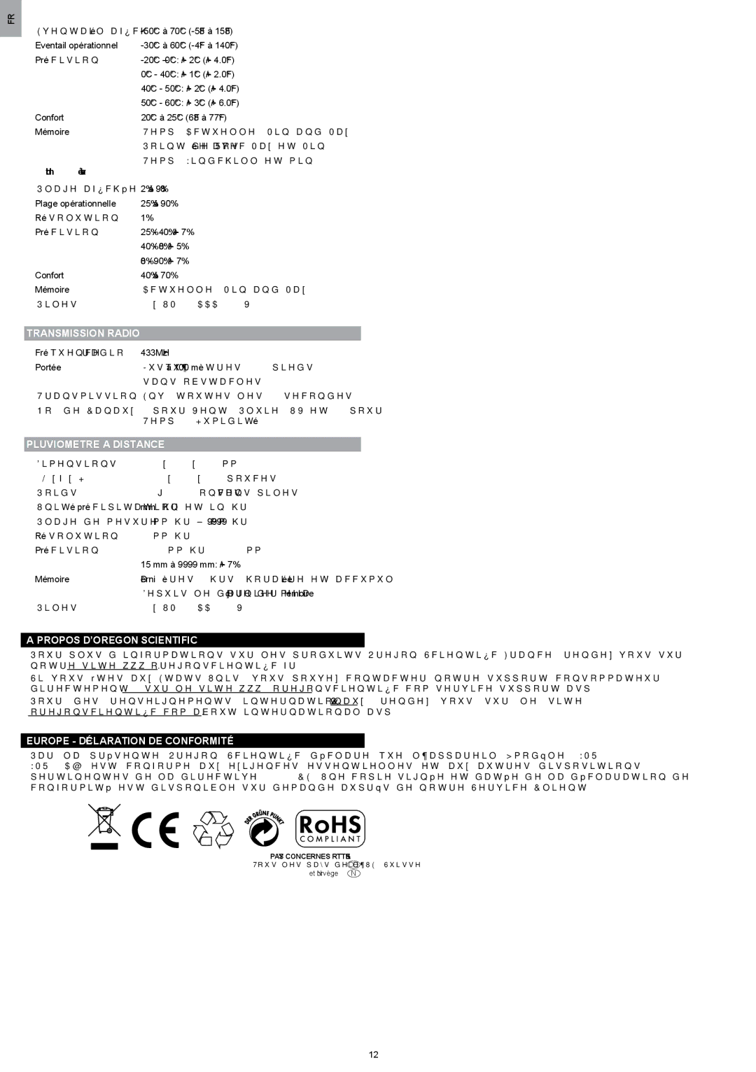 Oregon Scientific WMR200 manual Transmission Radio, Pluviometre a Distance, Humidité relative 