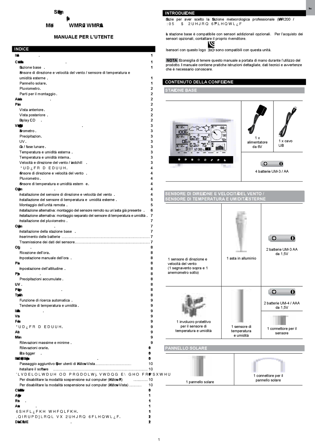 Oregon Scientific WMR200 manual Indice, Introduzione, Contenuto Della Confezione Stazione Base, Pannello Solare 