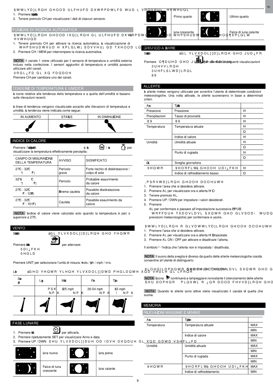 Oregon Scientific WMR200 manual Funzione DI Ricerca Automatica, Tendenze DI Temperatura E Umidità, Indice DI Calore, Vento 