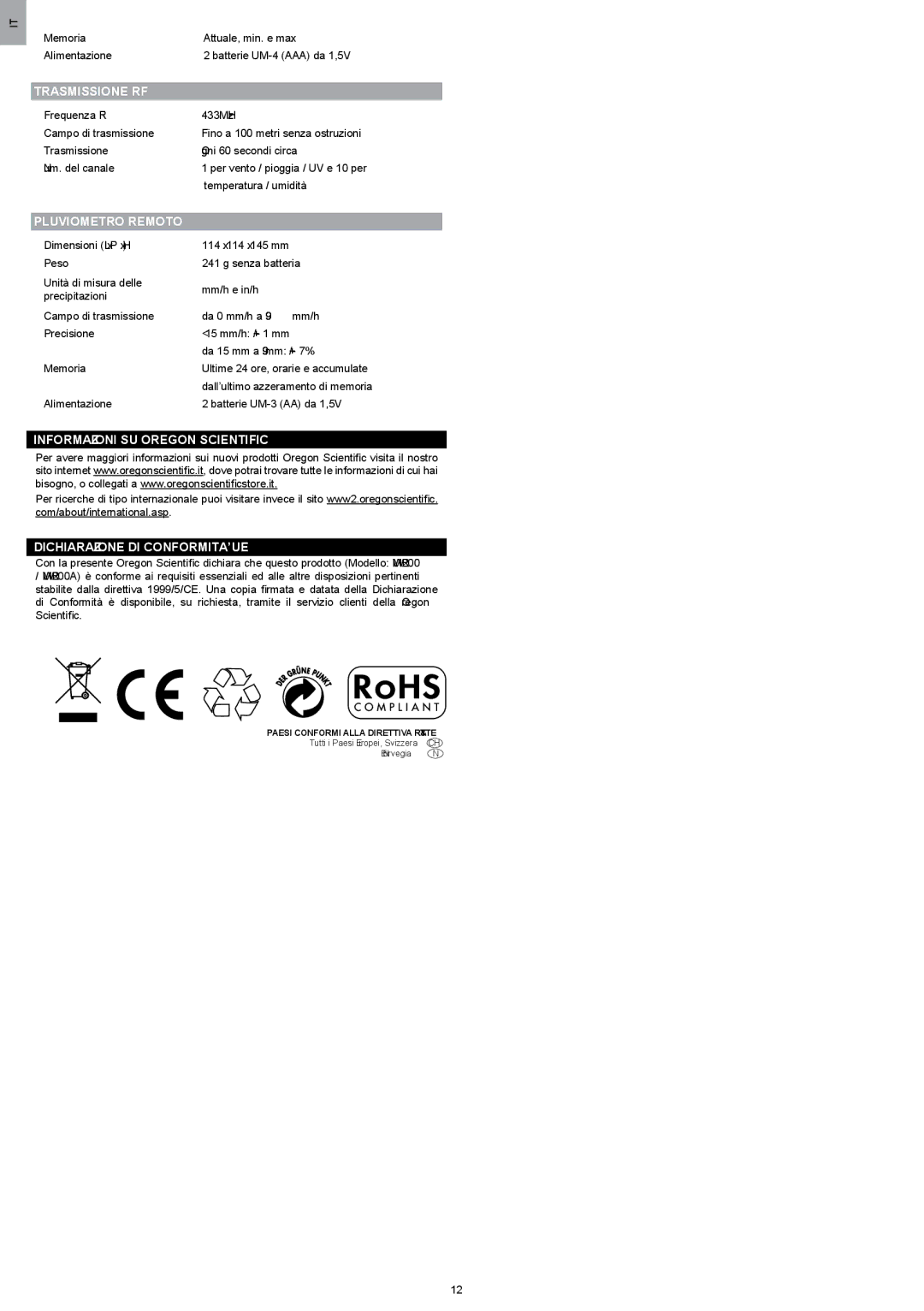 Oregon Scientific WMR200 manual Trasmissione RF, Pluviometro Remoto, Informazioni SU Oregon Scientific 