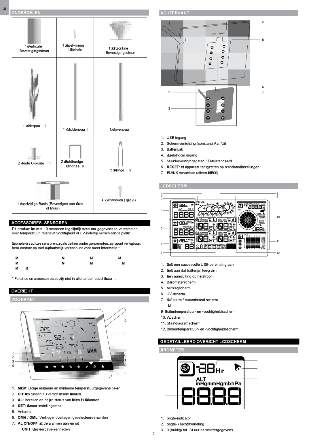 Oregon Scientific WMR200 manual Onderdelen, Accessoires Sensoren, Overzicht Voorkant, Achterkant, Lcd-Scherm 