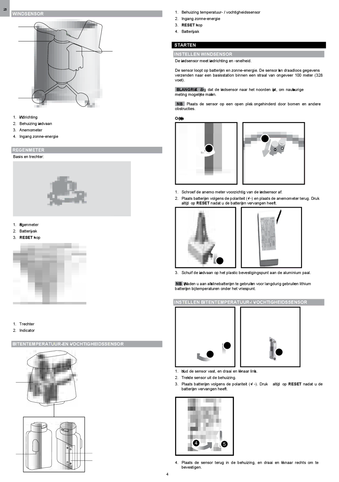 Oregon Scientific WMR200 manual Buitentemperatuur- En -Vochtigheidssensor, Starten Instellen Windsensor 