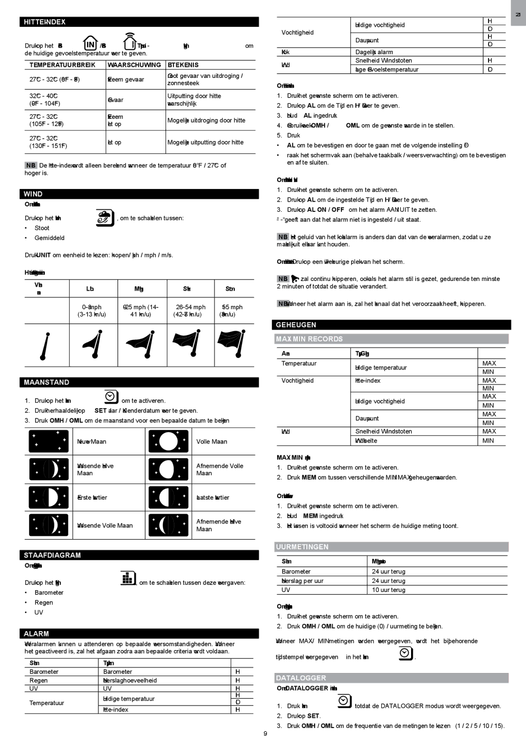 Oregon Scientific WMR200 manual Hitte-Index, Maanstand, Geheugen MAX / MIN Records, Uurmetingen, Datalogger 