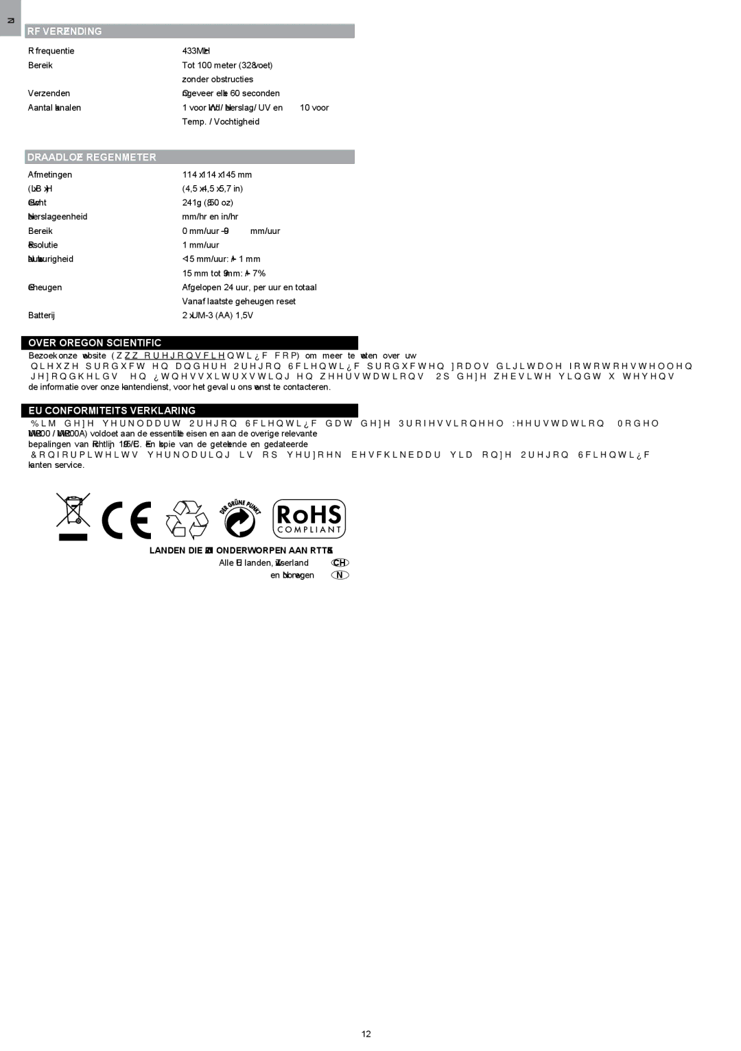 Oregon Scientific WMR200 manual RF Verzending, Draadloze Regenmeter, Over Oregon Scientific EU Conformiteits Verklaring 