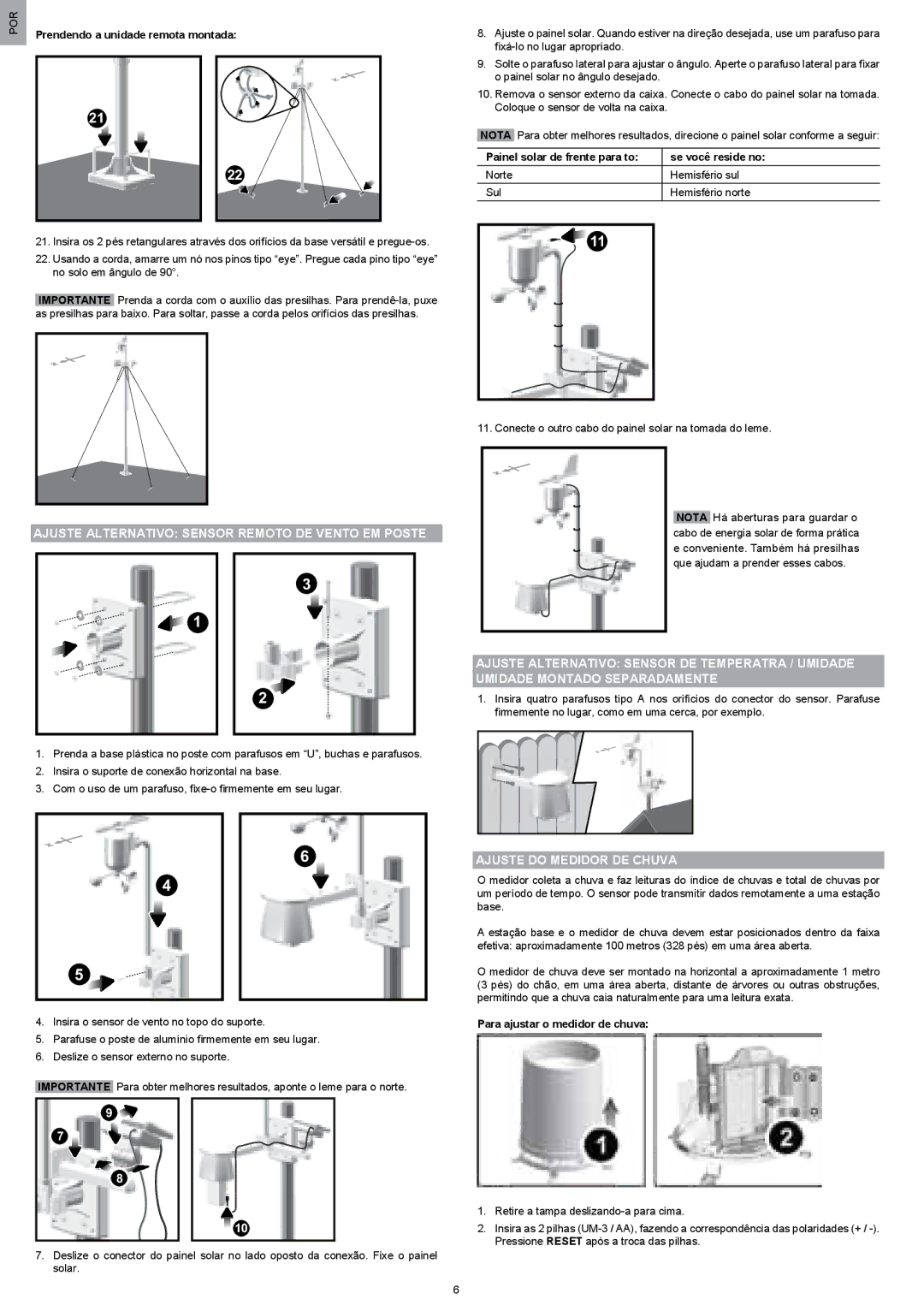 Oregon Scientific WMR200 manual Ajuste Alternativo Sensor Remoto DE Vento EM Poste, Ajuste do Medidor DE Chuva 