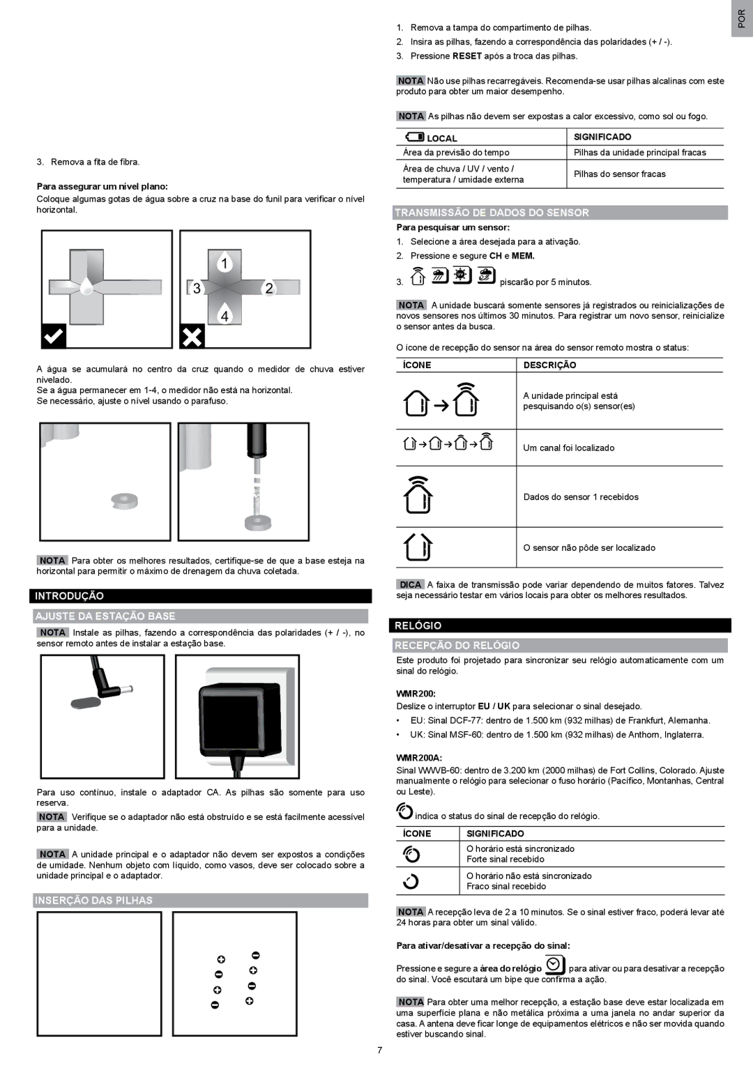 Oregon Scientific WMR200 manual Introdução Ajuste DA Estação Base, Inserção DAS Pilhas, Transmissão DE Dados do Sensor 