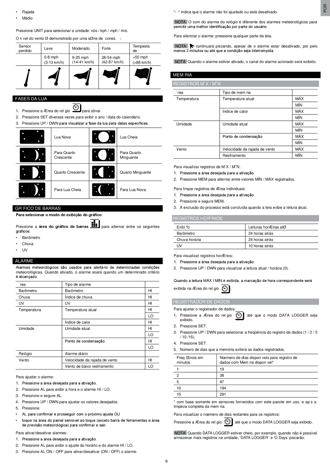 Oregon Scientific WMR200 manual Fases DA LUA, Memória Registros MÁX / MÍN, Registros Horários, Registrador DE Dados 