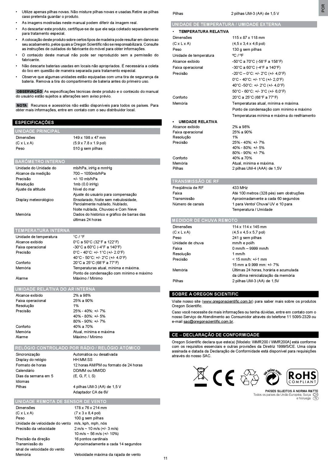 Oregon Scientific WMR200 Especificações Unidade Principal, Barômetro Interno, Unidade DE Temperatura / Umidade Externa 