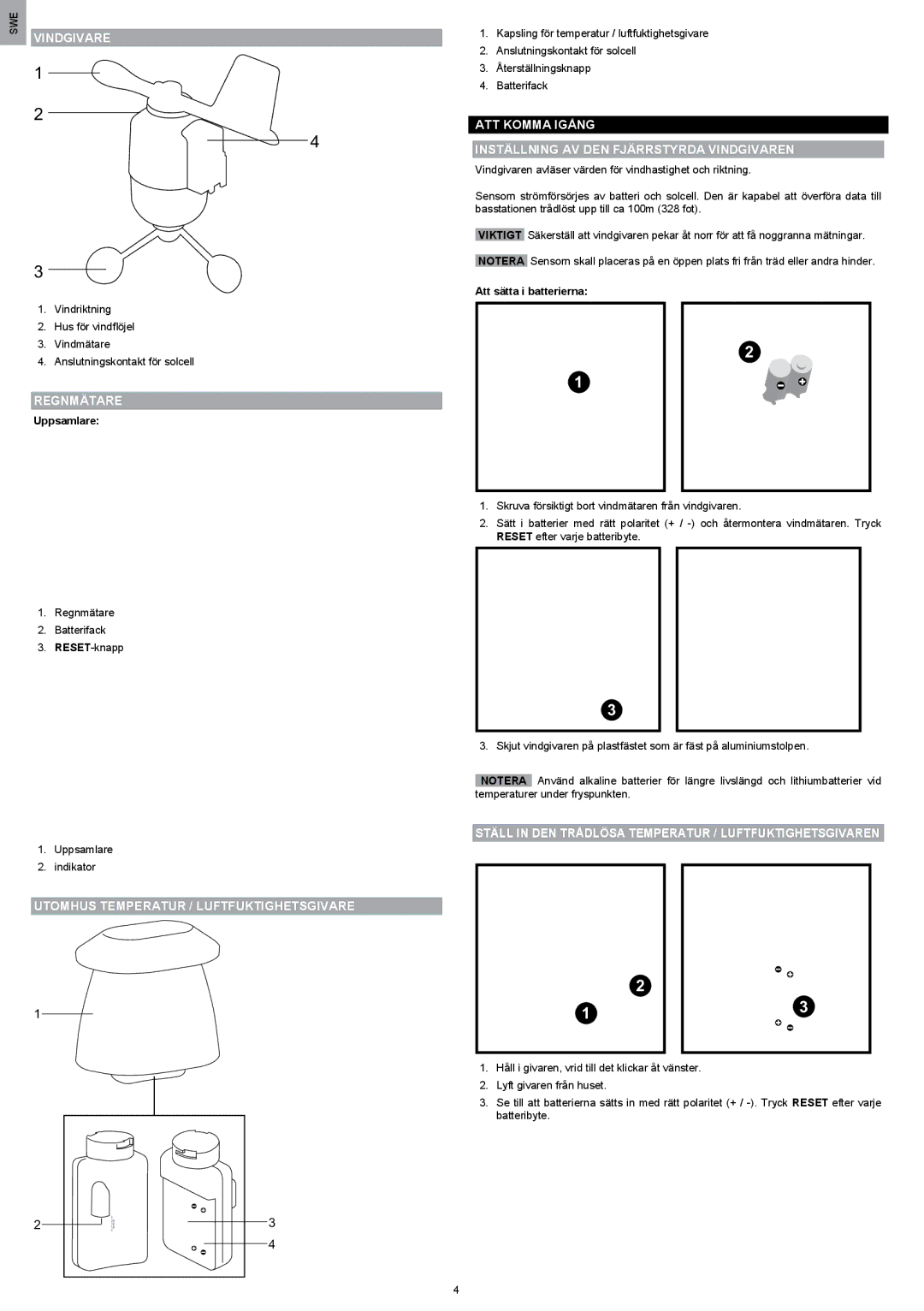 Oregon Scientific WMR200 manual Vindgivare, Utomhus Temperatur / Luftfuktighetsgivare 