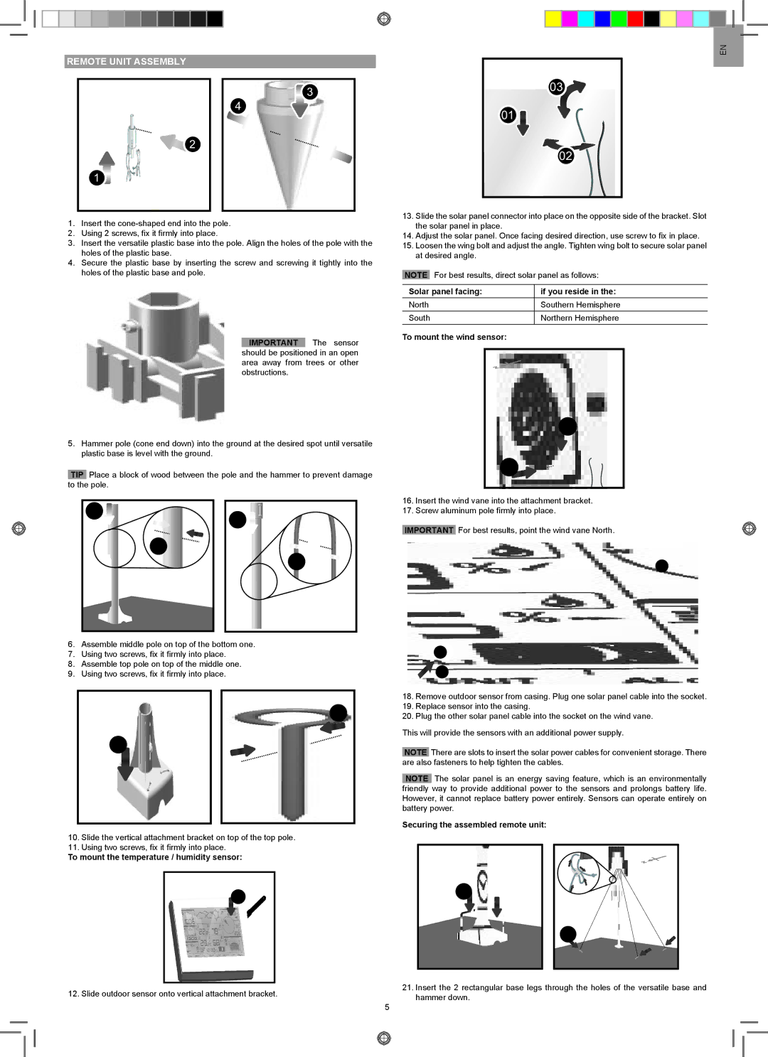 Oregon Scientific WMR200A user manual Remote Unit Assembly, Solar panel facing If you reside, To mount the wind sensor 