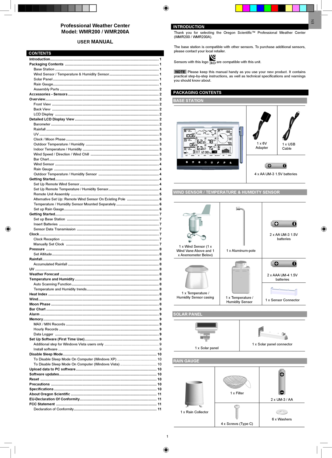 Oregon Scientific WMR200A user manual Introduction, Packaging Contents Main Unit, Solar Panel, Rain Gauge 