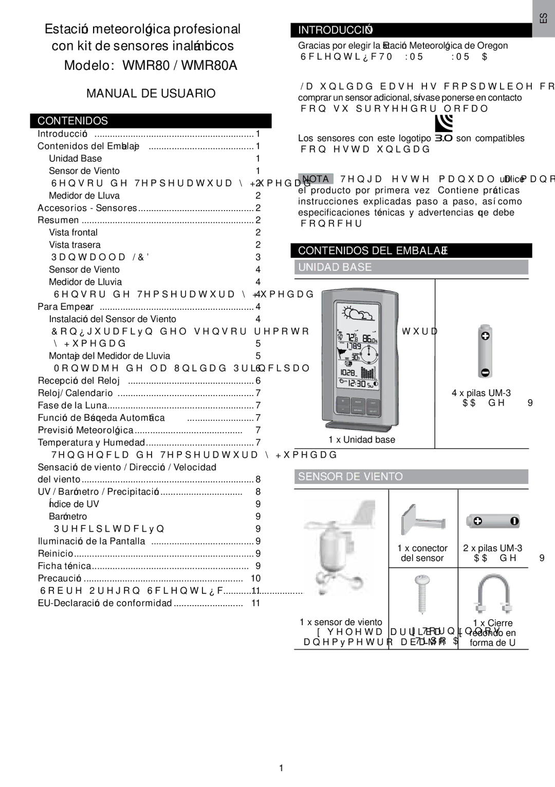 Oregon Scientific WMR80A user manual Introducción, Contenidos DEL Embalaje Unidad Base, Sensor DE Viento 