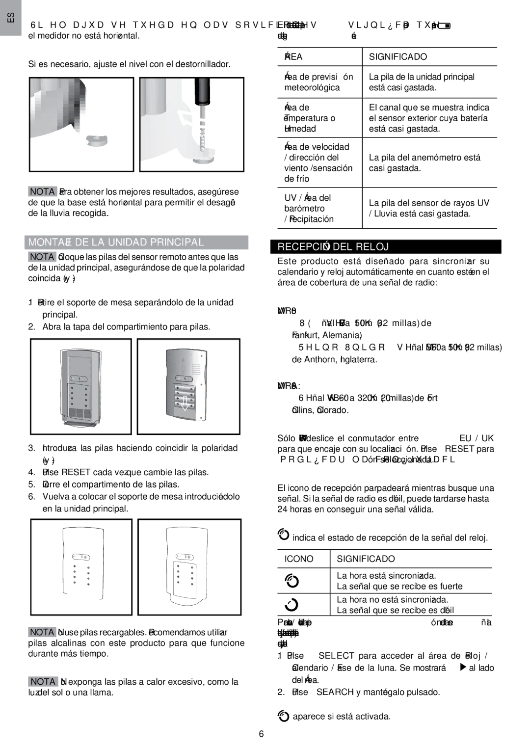 Oregon Scientific WMR80A Montaje DE LA Unidad Principal, Recepción DEL Reloj, Área Significado, Icono Significado 