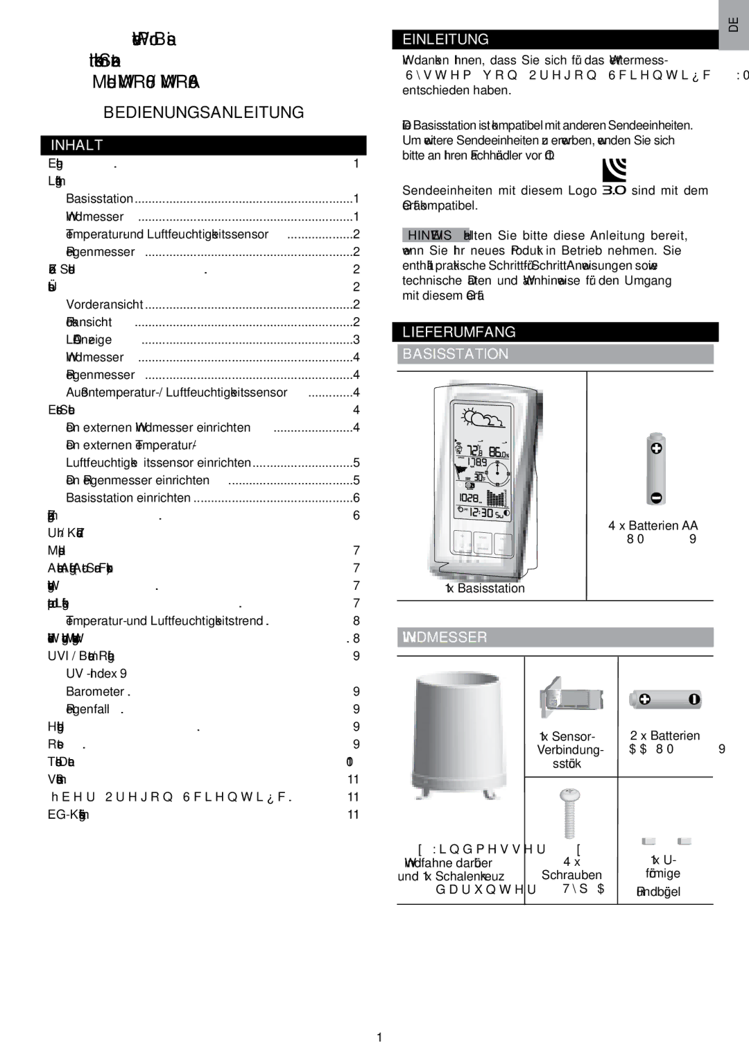 Oregon Scientific WMR80A user manual Inhalt, Einleitung, Lieferumfang Basisstation, Windmesser 