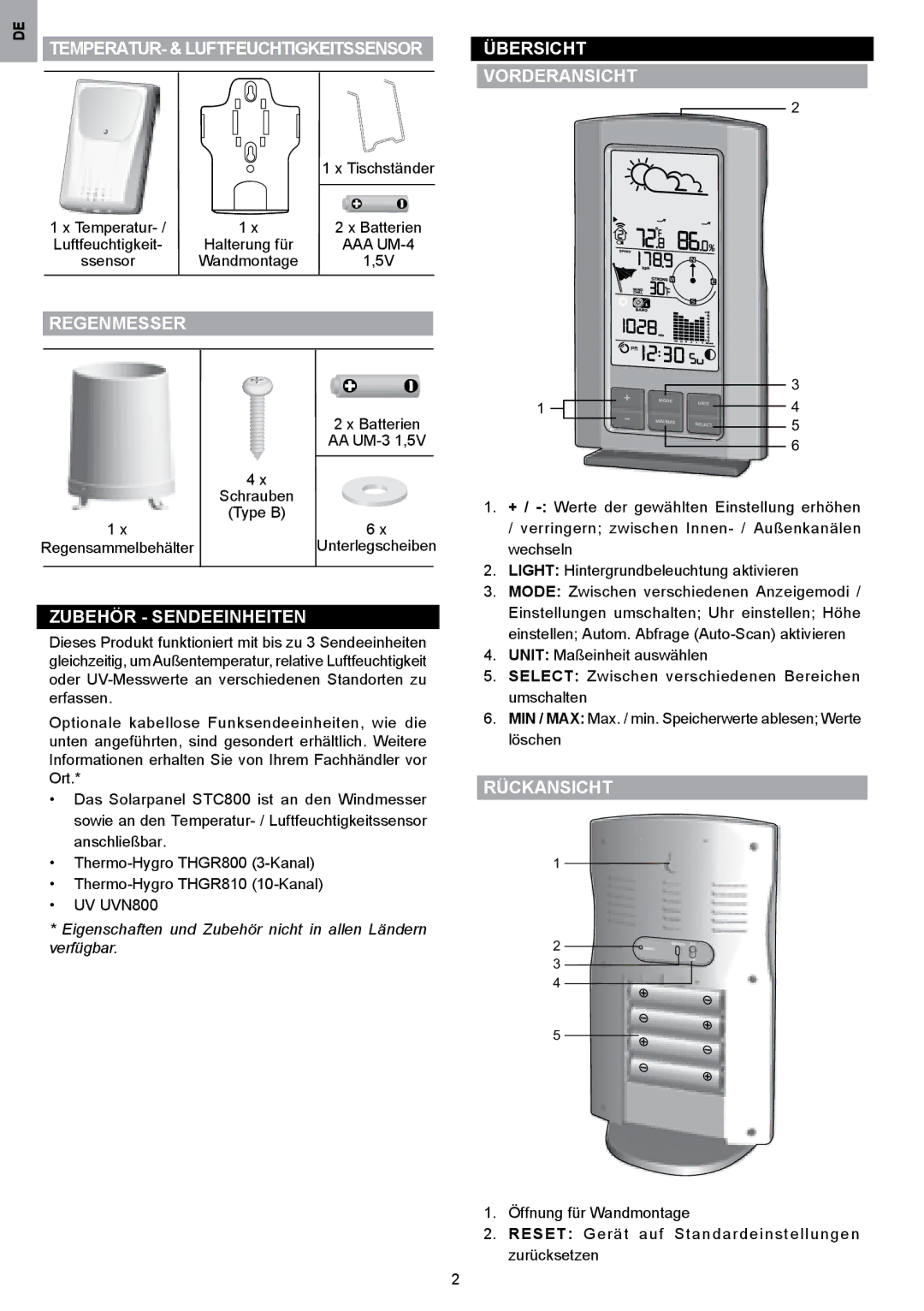 Oregon Scientific WMR80A user manual Regenmesser, Zubehör Sendeeinheiten, Übersicht Vorderansicht, Rückansicht 