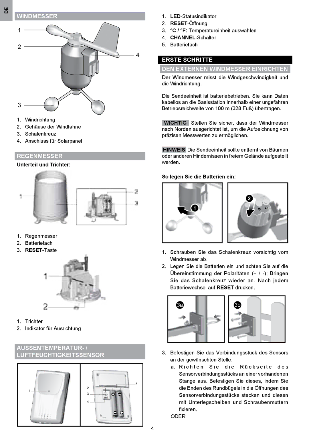 Oregon Scientific WMR80A user manual Windmesser 1, Aussentemperatur Luftfeuchtigkeitssensor, Unterteil und Trichter 