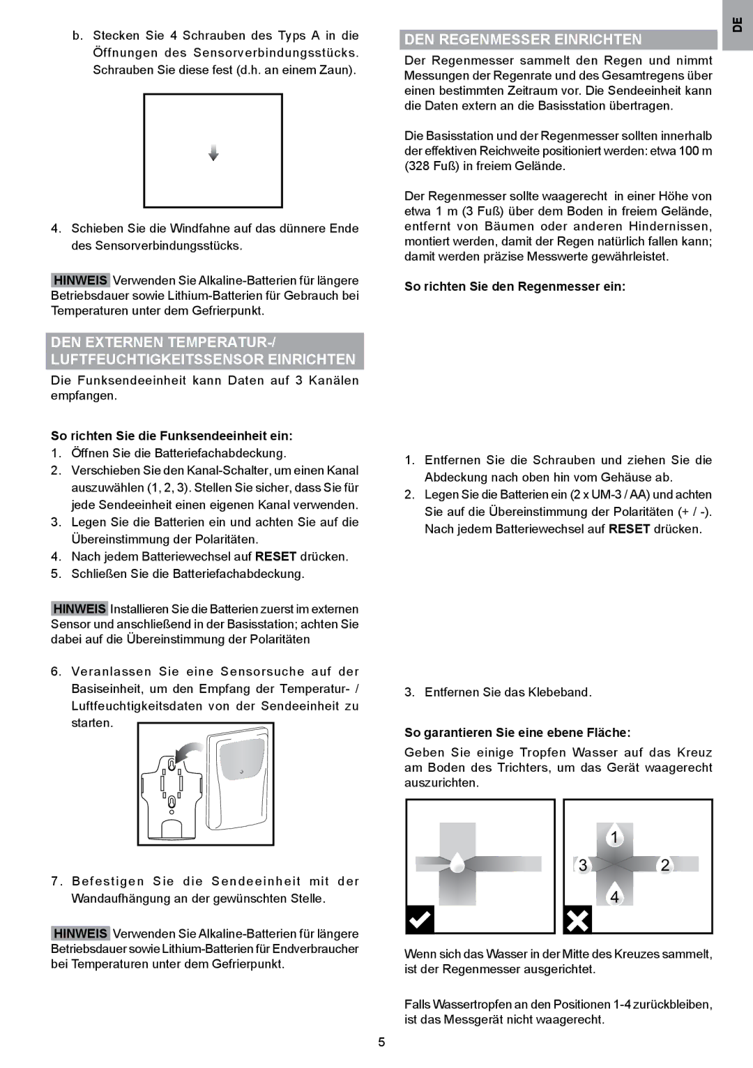 Oregon Scientific WMR80A user manual DEN Externen Temperatur Luftfeuchtigkeitssensor Einrichten, DEN Regenmesser Einrichten 