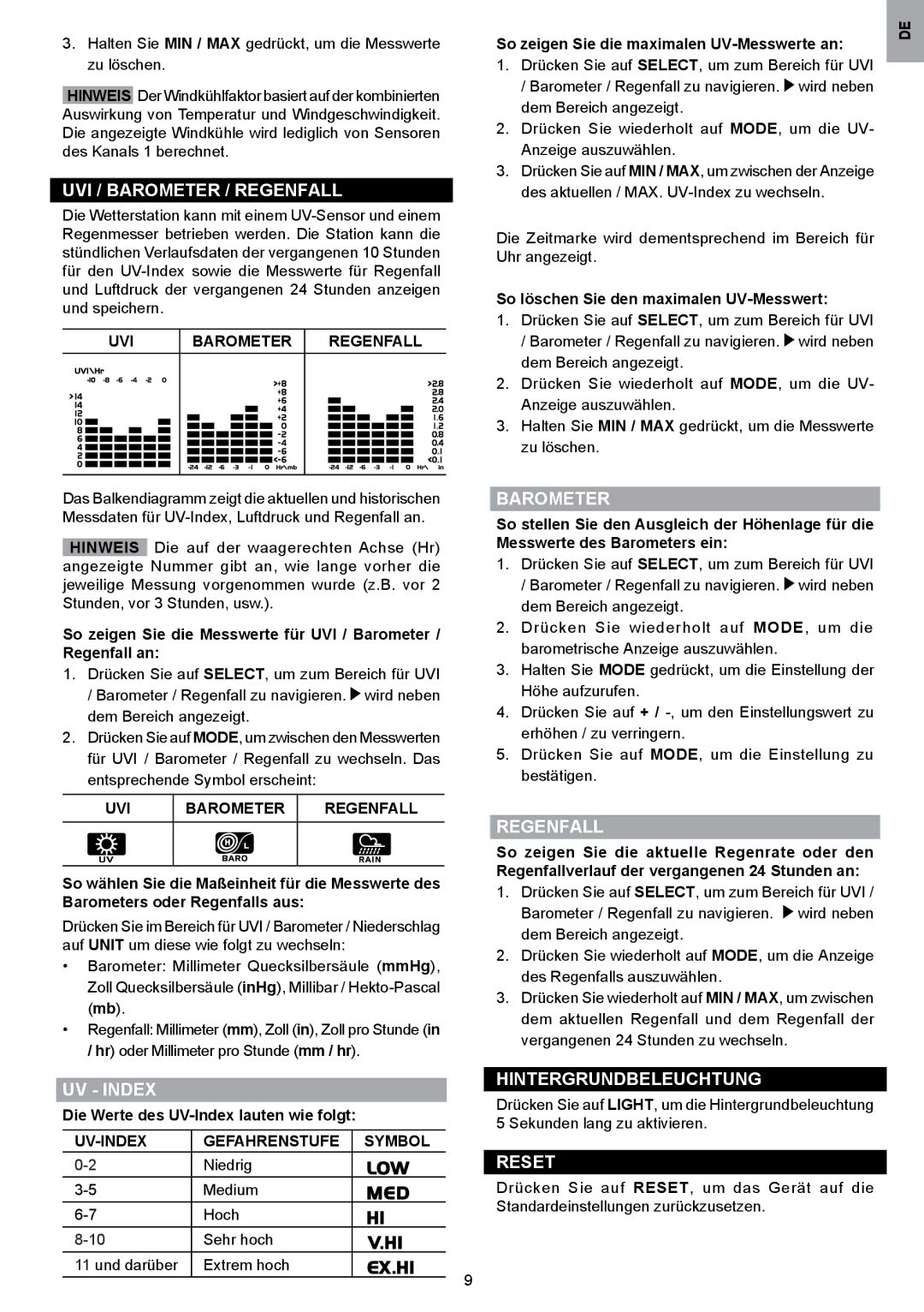 Oregon Scientific WMR80A user manual UVI / Barometer / Regenfall, Hintergrundbeleuchtung, UVI Barometer Regenfall 